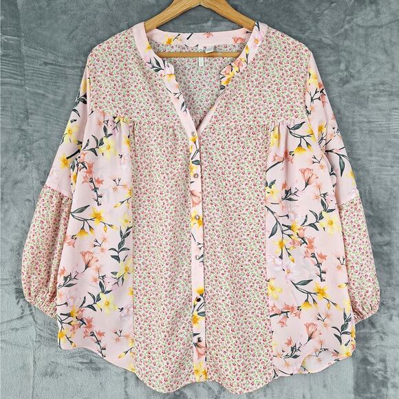 Cato Tops - Womens Top 14/16W Pink Boho Romantic Floral Feminine Patchwork Bloomcore Button